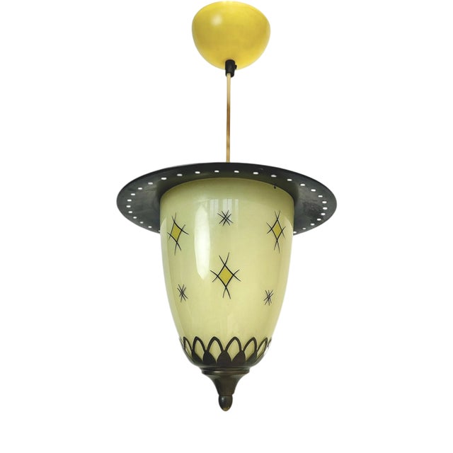 Mid-Century Glass and Metal Pendant Lantern Lamp, 1950s For Sale