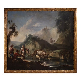 Italian Artist, Landscape with Genre Scene, 1750, Oil on Canvas For Sale