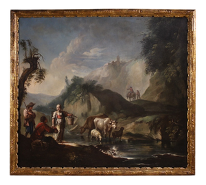 Italian Artist, Landscape with Genre Scene, 1750, Oil on Canvas