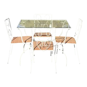 Mid 20th Century Vintage French Victorian Wrought Iron Patio Dining Table & 4 Chairs