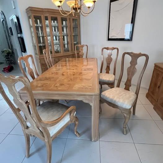 Vintage Dining Set by Drexel Heritage — Corinthian Collection, features hand-matched olive ash burl veneers and solid ash...