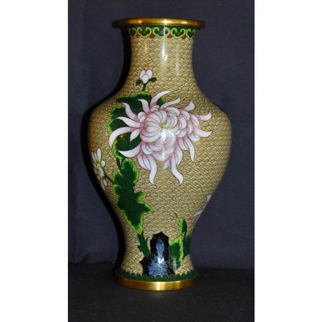 Metal Vintage Chinese Cloisonne Enamel Vases Pair Mirrored Floral Chrysanthemum Mums For Sale - Image 7 of 15
