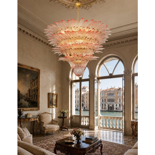 Palmette ceiling light made by 163 Murano pink glasses in a gold metal frame. Murano blown glass in a traditional way....