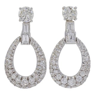 1950s 7 Ct Diamond Drop Cocktail Earrings Platinum with 2 Ct Solitaire Diamond For Sale