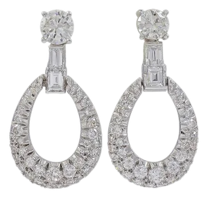 1950s 7 Ct Diamond Drop Cocktail Earrings Platinum with 2 Ct Solitaire Diamond