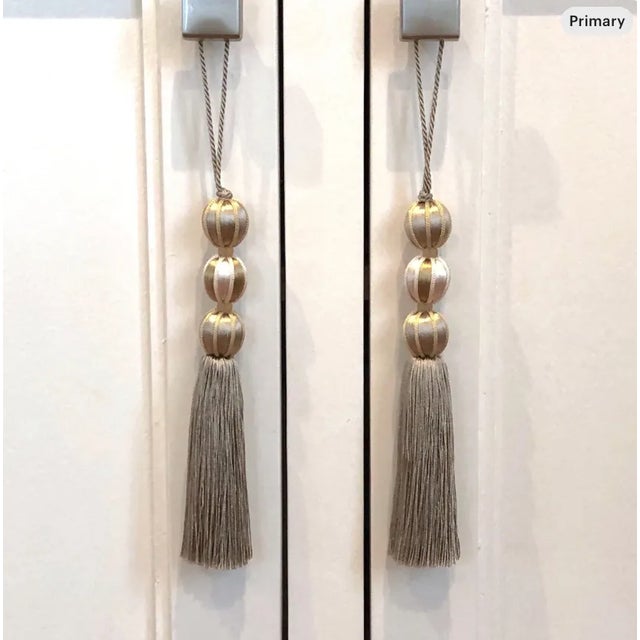 Wood Pair of Beaded Satin Key Tassels in Natural Mineral Colors- H 7.5 Inches For Sale - Image 7 of 15