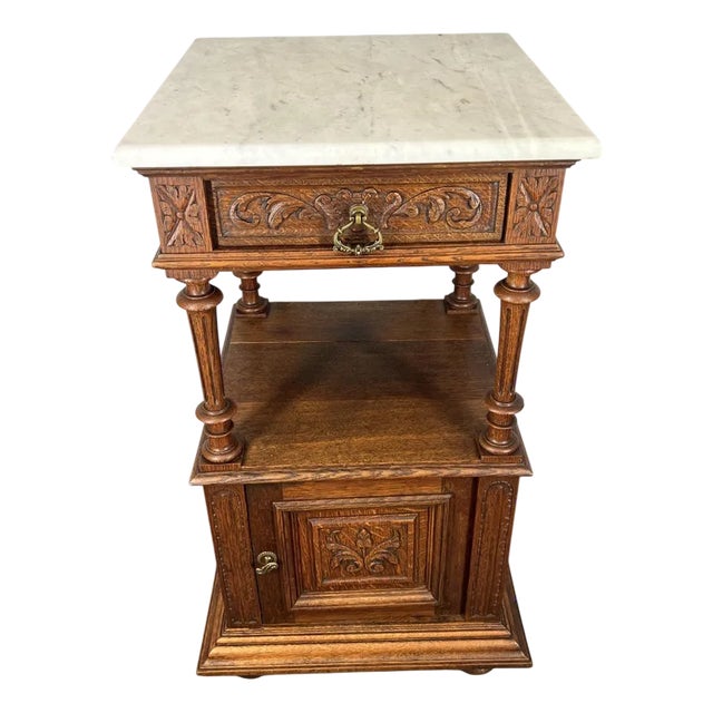 Antique French Carved Oak Bedside Table with Marble Top For Sale