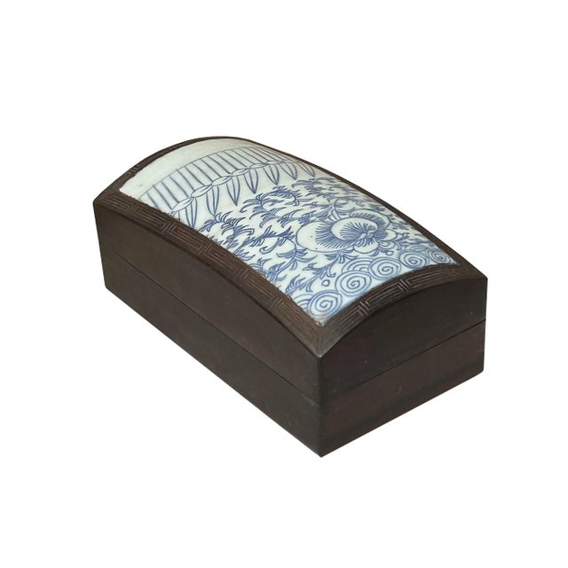 Chinese Old White Base Blue Scroll Flowers Porcelain Brown Wood Box For Sale - Image 4 of 9