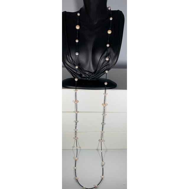 Fresh Water Pearl Single Strand Necklace with Black Spinel Opera Length 46 Inch For Sale - Image 18 of 18