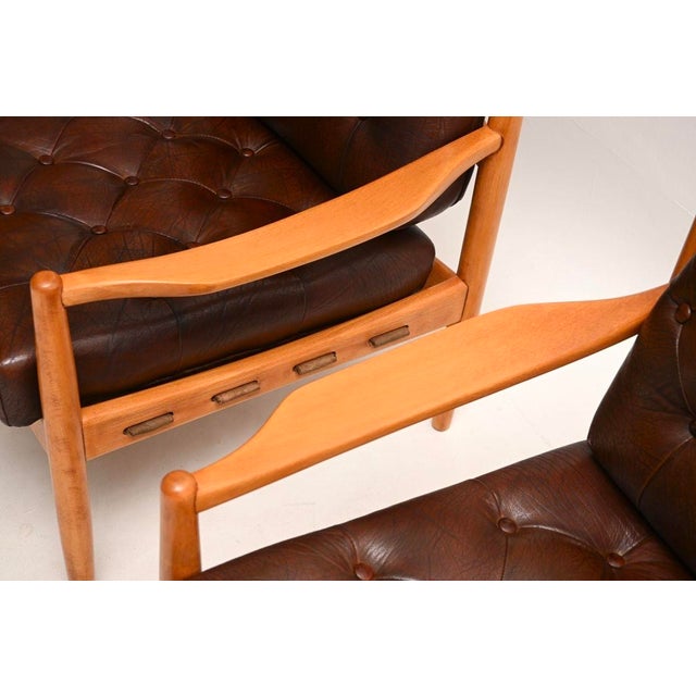 Vintage Swedish Leather and Birch Lounge Chairs attributed to Ingemar Thillmark for Ope, 1960s, Set of 2 For Sale - Image 9 of 11