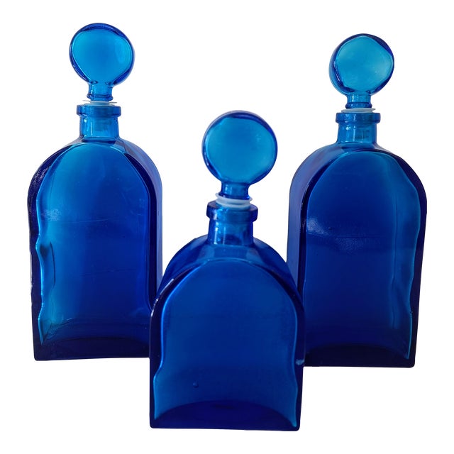 Set of 3 1970s Empoli Inspired Blue Lapis Decanter Bottles With Ball Stoppers For Sale
