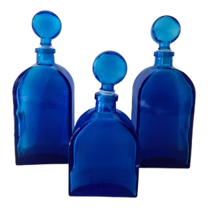 Set of 3 1970s Empoli Inspired Blue Lapis Decanter Bottles With Ball Stoppers