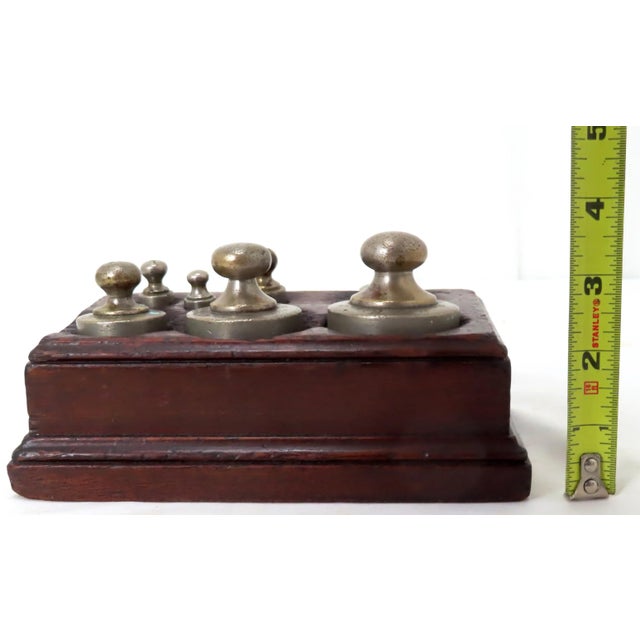 Antique American Brass Balance Scale Graduated Size Weights With Original Mahogany Fitted Stand 8 Pc Set For Sale - Image 11 of 13