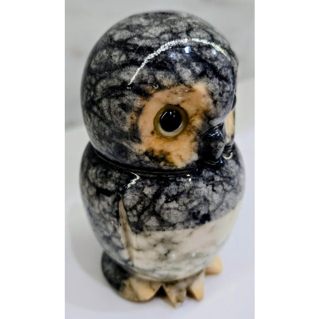 Mid-Century Modern Mid-Century Volterra Alabaster Owl Figurine With Glass Eyes, Italian Hand-Carved Sculpture For Sale - Image 3 of 9