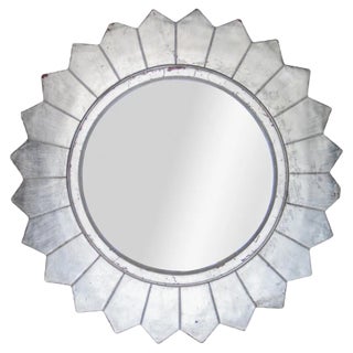 Round Neoclassical or Empire Style Hand-Carved Wooden Mirror in Silver, Spain, 1970s For Sale