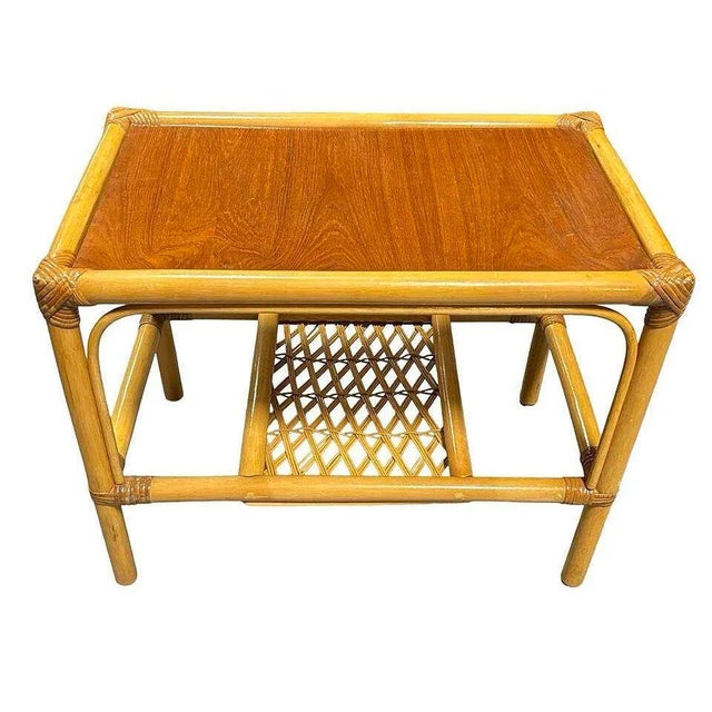 Wood 1960s Restored Mid-Century 2 Tier Rattan & Wicker Coffee Cocktail Table W Mahogany Top For Sale - Image 7 of 10