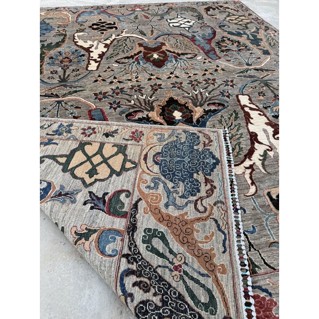 Sickle Leaf Area Rug, Hand-Knotted Wool, Floral, 9x12, Stone & Indigo For Sale - Image 6 of 11