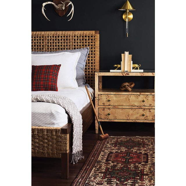 Wood Matthew Izzo Home Douglas Burlwood Two Drawer Open Shelf End Table With Glass Top and Polished Brass Knobs For Sale - Image 7 of 9