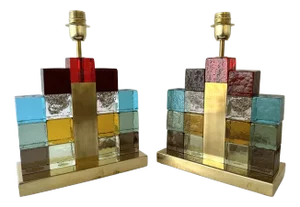 Contemporary Pair of Lamps Multicolors Cubic Murano Glass and Brass, Italy