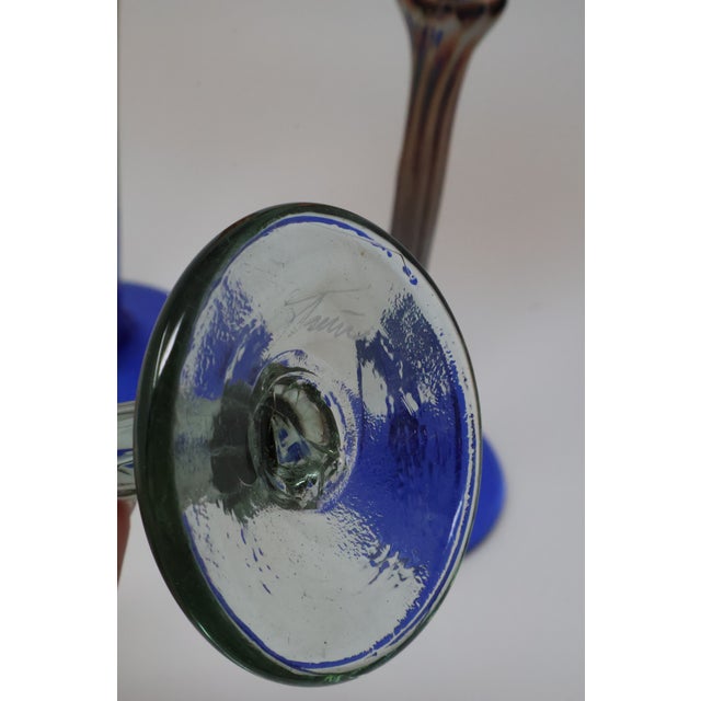 Late 20th Century Rick Strini Signed Iridescent Amber & Cobalt Tulip Art Glass Goblets, Set of 3 For Sale - Image 14 of 18