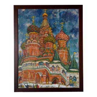 1980’s Vintage Moscow Cathedral of St. Basil Expressionist Oil on Canvas Painting, Signed For Sale