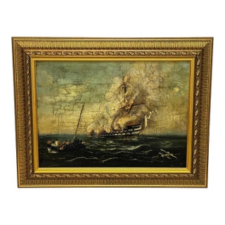 Victorian British Naval Marine Oil Painting HMS Bombay on Fire Off Montevideo 1864 After Beechey For Sale