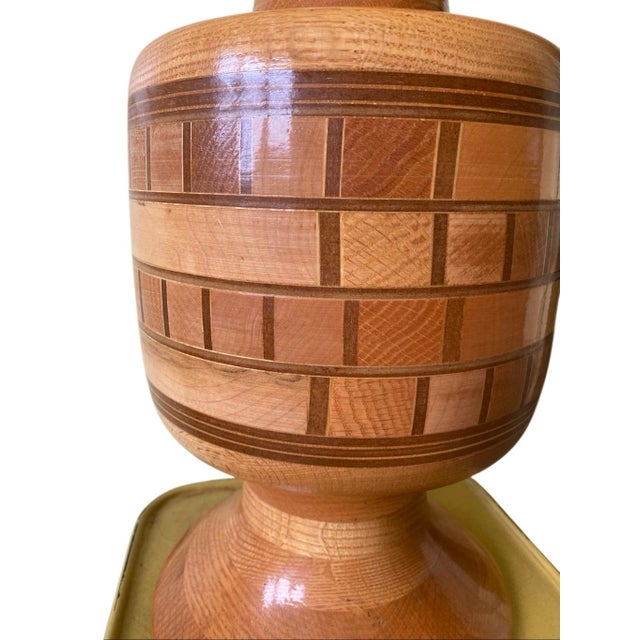 Vintage Mid Century Brutalist Marquetry Lathe Block Wood Hand Turned Table Lamp For Sale - Image 4 of 7