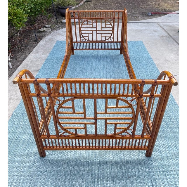 Chinoiserie Vintage Rattan & Bamboo Sleigh Bed, Chinoiserie Style For Sale - Image 3 of 11