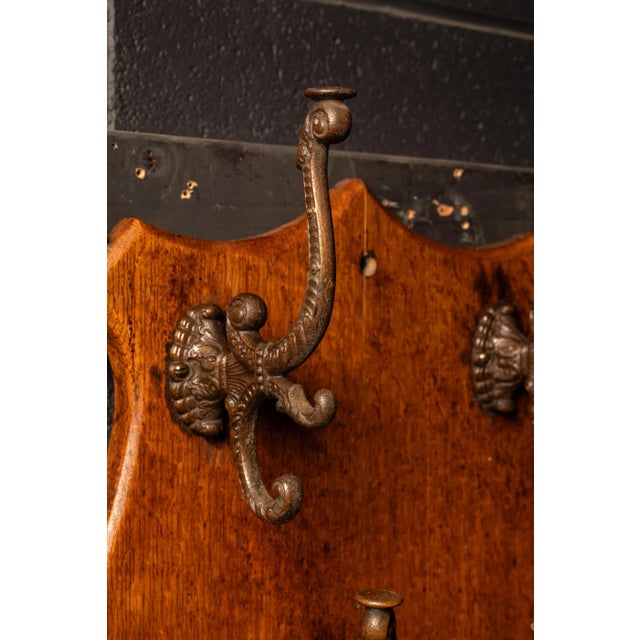 Victorian Victorian Oak Shield Wall Rack With Figural Cast-Iron Hooks For Sale - Image 3 of 5