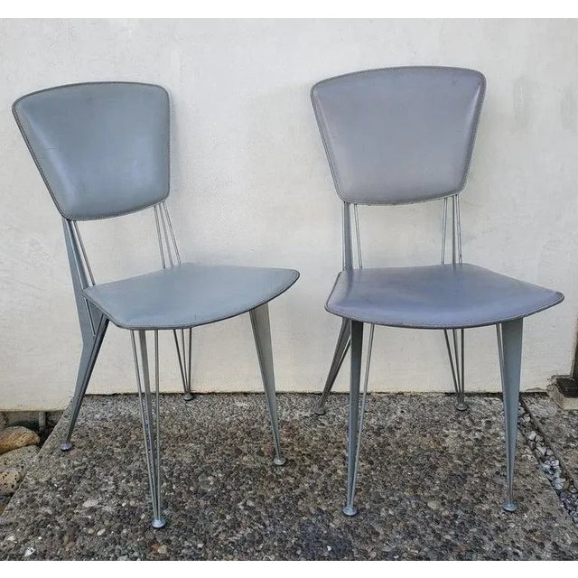 Contemporary Italian contemporary metal industrialist looks with leather seating. Pairs may have slight scratching to the...