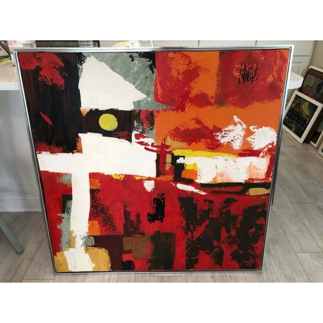 Large abstract oil on canvas by Lee Reynolds Burr for Vanguard Studios. Heavy impasto abstract canvas with fire engine...