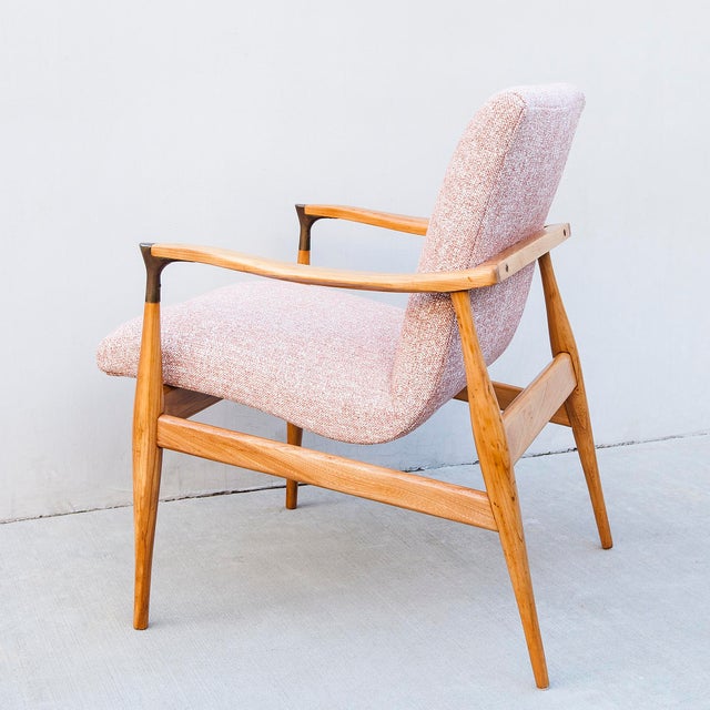 Vintage Mid Century Walnut Scoop Lounge Chair With Brass Accents For Sale - Image 11 of 12