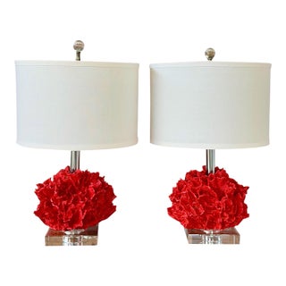 Pair of Red Faux Coral Table Lamps on Clear Acrylic Bases For Sale