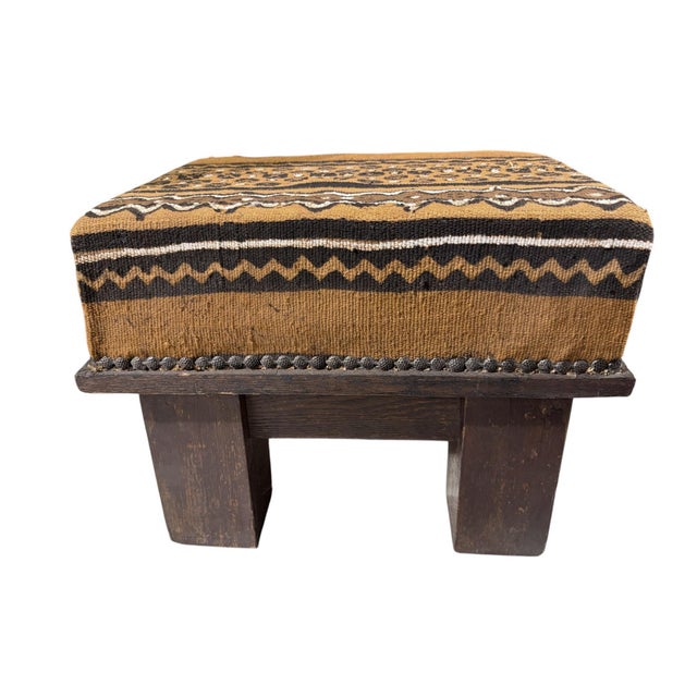 Vintage Footstool/Low Stool covered with African hand woven Bogolan cotton Mud cloth ,amazing geometric design in...