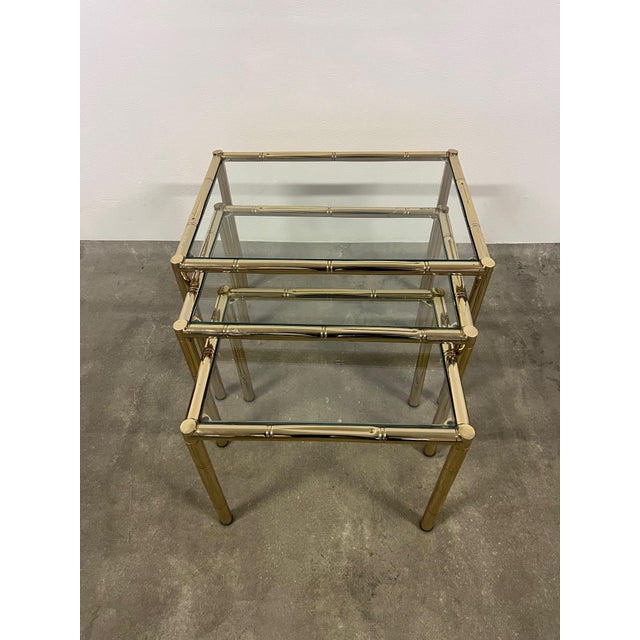 Bamboo Style Brass and Glass Triptych Coffee Tables, 1975, Set of 3, in Very Good conditions. Designed 1970 to 1979