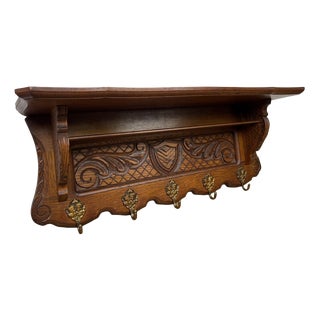 Vintage French Oak Wall-Mounted 5-Hook Coat Rack For Sale