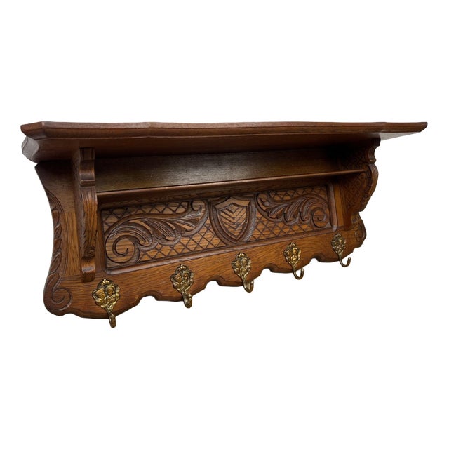 Vintage French Oak Wall-Mounted 5-Hook Coat Rack For Sale