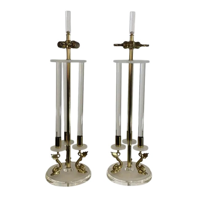 Clear & Frosted Lucite With Brass Dolphin Lamps in the Manner of Maison Charles For Sale