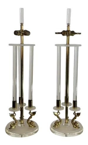 Clear & Frosted Lucite With Brass Dolphin Lamps in the Manner of Maison Charles