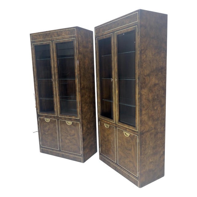 Pair of Dark Burl Wood Lighted Display Curio Cabinets Vitrines Mastercraft MINT For Sale