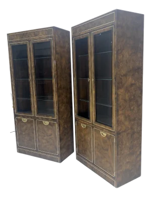 Pair of Dark Burl Wood Lighted Display Curio Cabinets Vitrines Mastercraft MINT
