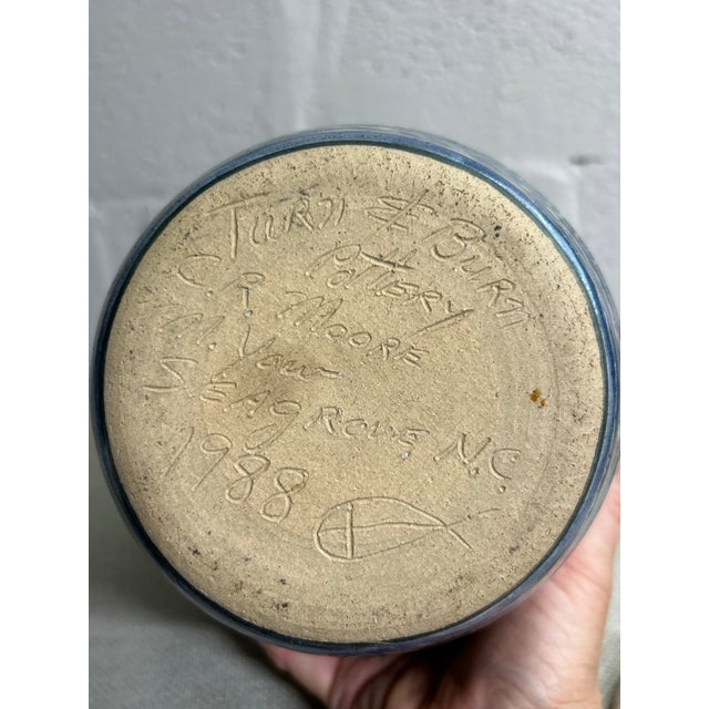 1988 Turn & Burn Seagrove Nc Hand-Carved Blue Stoneware Covered Jar For Sale - Image 11 of 11