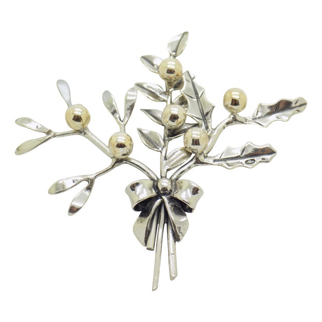 Vintage Italian Handmade Genuine Sterling Silver 925 Christmas Holly and Mistletoe Figurine, 1980s For Sale
