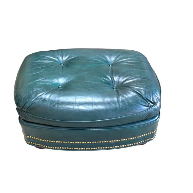 Vintage Thomas-Bain Leather Club Chair & Ottoman Set in Peacock Teal Green | Tufted Traditional Lounge Seating For Sale - Image 14 of 18