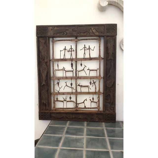 Wood Wood Carved Two Sculptural Panels ‘Window’ With Metal Animals & Figures For Sale - Image 7 of 13