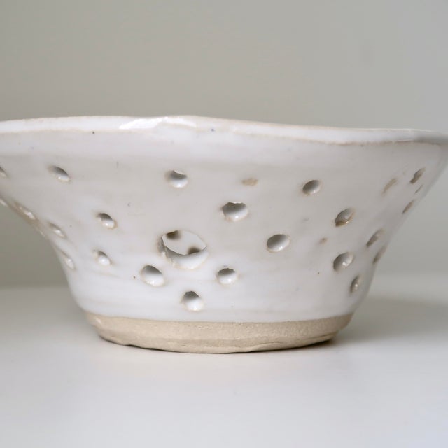 Handmade White Studio Pottery Decorative Ceramic Colander Berry Bowl For Sale - Image 10 of 12