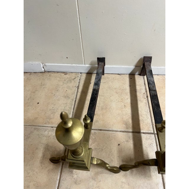 Vintage Pair of Victorian Queen Anne Style Polished Brass Andirons For Sale - Image 12 of 12