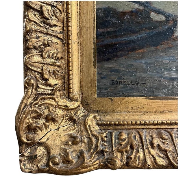 Atmospheric early 20th-century oil painting depicting Notre-Dame de Paris along the Seine at dusk. The composition...