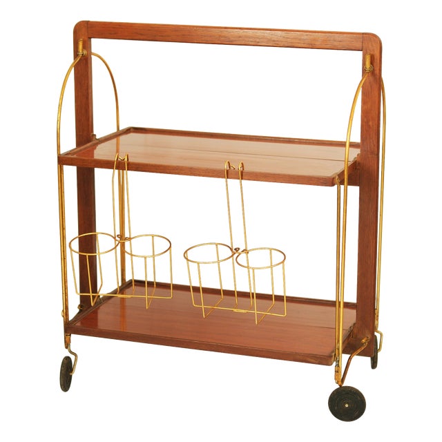 Serving Bar Cart in Wood and Brass by Marie-Françoise Mondineu for Bocado, France, 1950 For Sale
