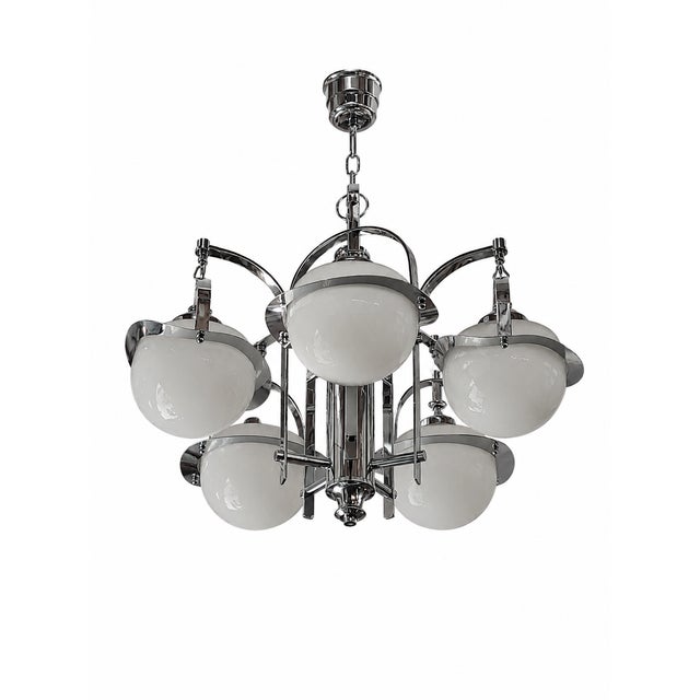 Art Deco Five-Light Chandelier in Chrome and Opaline Glass, 1930s, in Very Good conditions. Designed 1920 to 1949 European...